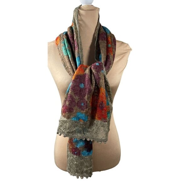 New Knit Scarf Poms Floral Burgundy Blue Tan Rectangle 19" X 68" - Picture 1 of 7